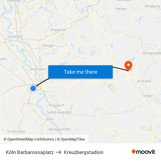 Köln Barbarossaplatz to Kreuzbergstadion map