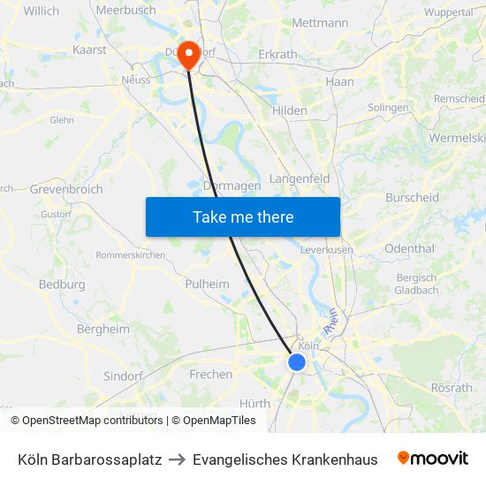 Köln Barbarossaplatz to Evangelisches Krankenhaus map