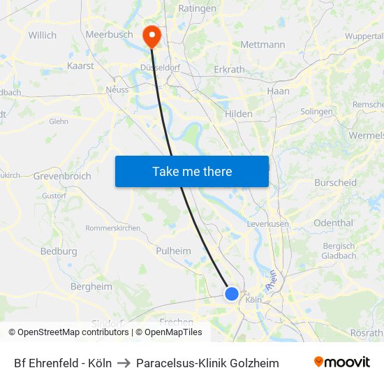 Bf Ehrenfeld - Köln to Paracelsus-Klinik Golzheim map