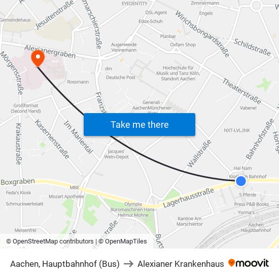 Aachen, Hauptbahnhof (Bus) to Alexianer Krankenhaus map