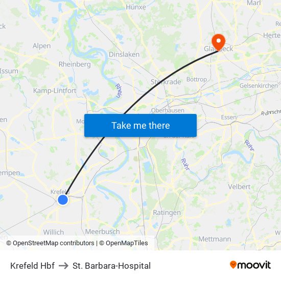 Krefeld Hbf to St. Barbara-Hospital map