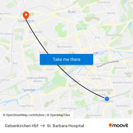 Gelsenkirchen Hbf to St. Barbara-Hospital map