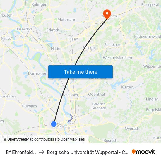 Bf Ehrenfeld - Köln to Bergische Universität Wuppertal - Campus Haspel map