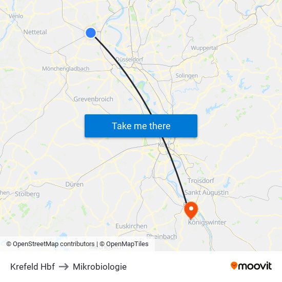 Krefeld Hbf to Mikrobiologie map