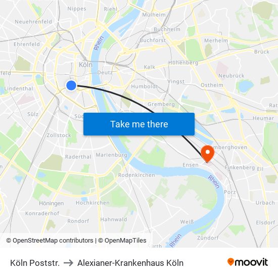 Köln Poststr. to Alexianer-Krankenhaus Köln map