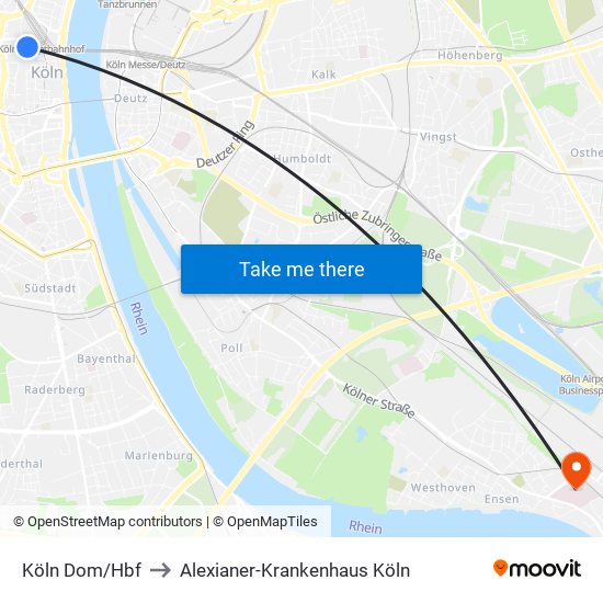 Köln Dom/Hbf to Alexianer-Krankenhaus Köln map