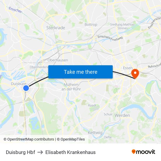 Duisburg Hbf to Elisabeth Krankenhaus map
