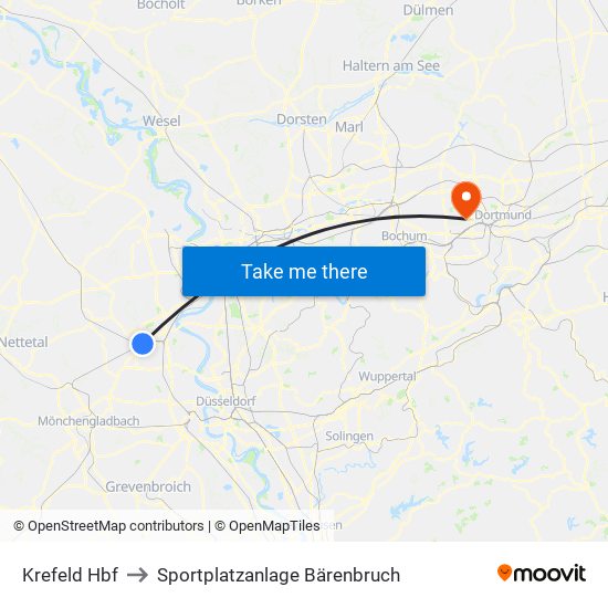 Krefeld Hbf to Sportplatzanlage Bärenbruch map