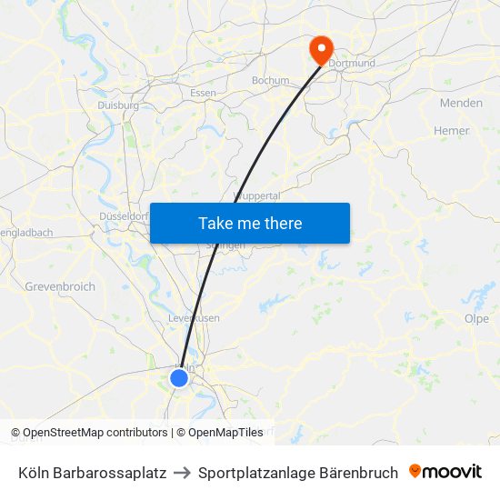 Köln Barbarossaplatz to Sportplatzanlage Bärenbruch map