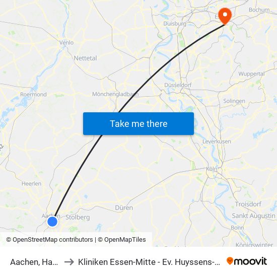 Aachen, Hauptbahnhof to Kliniken Essen-Mitte - Ev. Huyssens-Stiftung/ Knappschaft Gmbh map