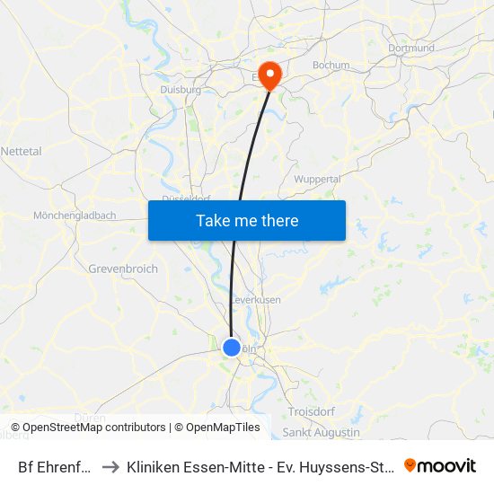 Bf Ehrenfeld - Köln to Kliniken Essen-Mitte - Ev. Huyssens-Stiftung/ Knappschaft Gmbh map