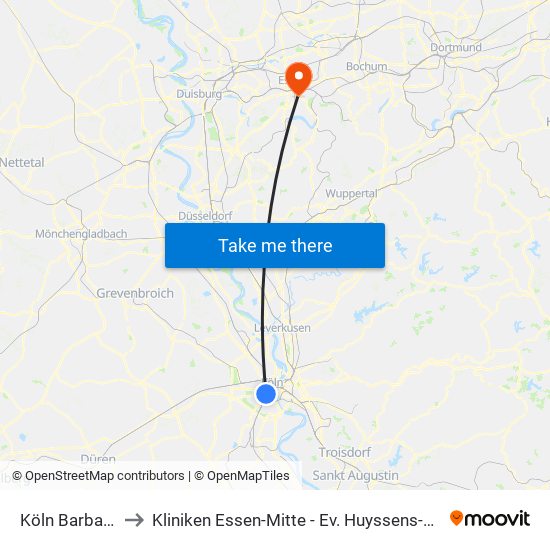 Köln Barbarossaplatz to Kliniken Essen-Mitte - Ev. Huyssens-Stiftung/ Knappschaft Gmbh map
