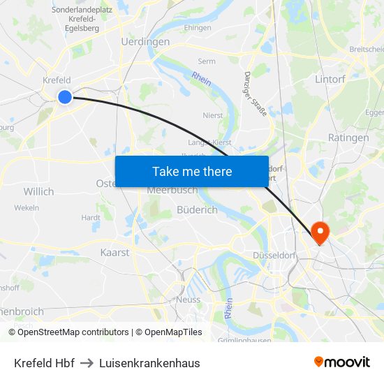 Krefeld Hbf to Luisenkrankenhaus map