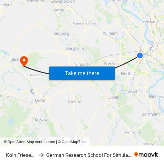 Köln Friesenplatz to German Research School For Simulation Sciences map