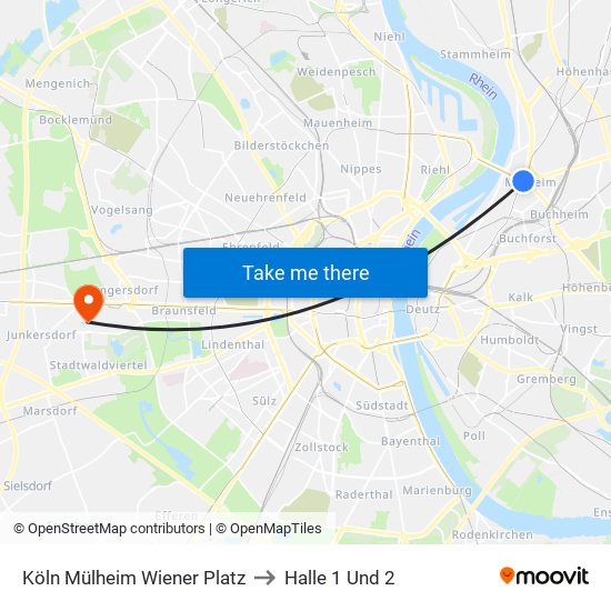 Köln Mülheim Wiener Platz to Halle 1 Und 2 map