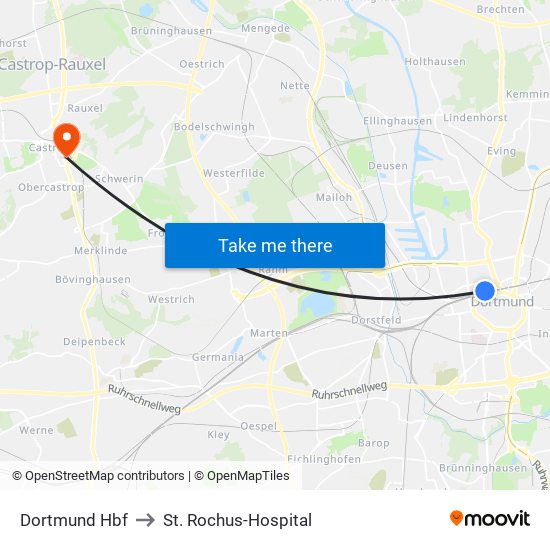 Dortmund Hbf to St. Rochus-Hospital map