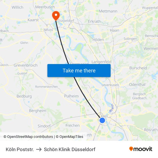 Köln Poststr. to Schön Klinik Düsseldorf map