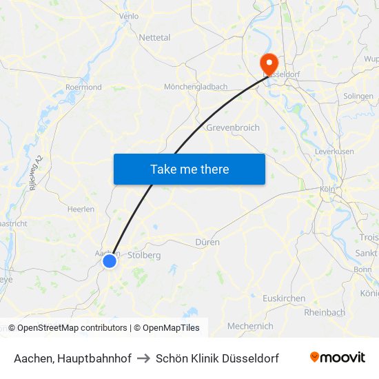 Aachen, Hauptbahnhof to Schön Klinik Düsseldorf map