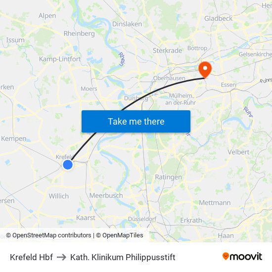 Krefeld Hbf to Kath. Klinikum Philippusstift map