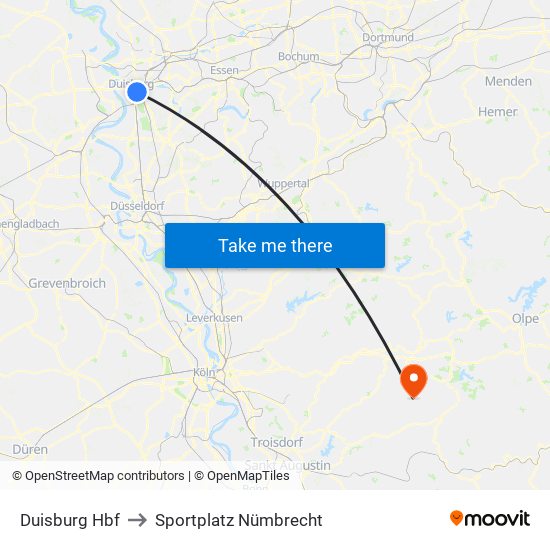 Duisburg Hbf to Sportplatz Nümbrecht map