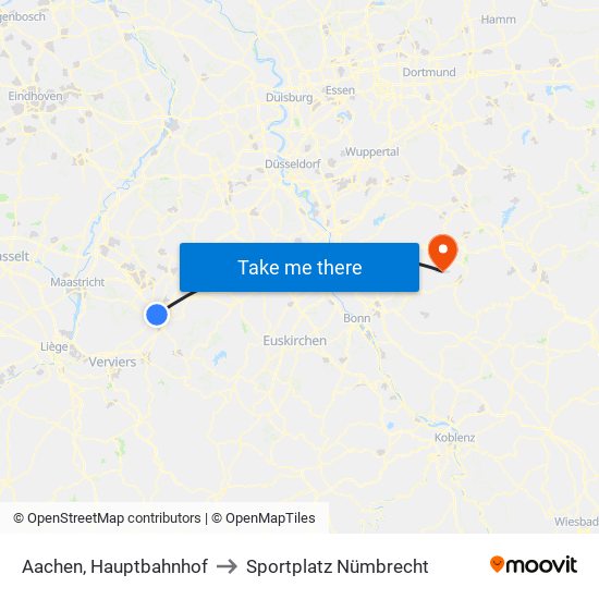 Aachen, Hauptbahnhof to Sportplatz Nümbrecht map