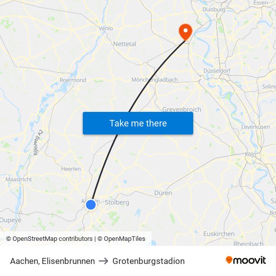 Aachen, Elisenbrunnen to Grotenburgstadion map