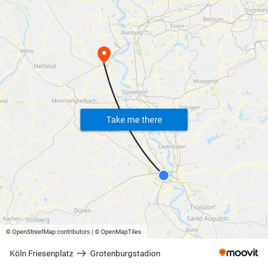Köln Friesenplatz to Grotenburgstadion map