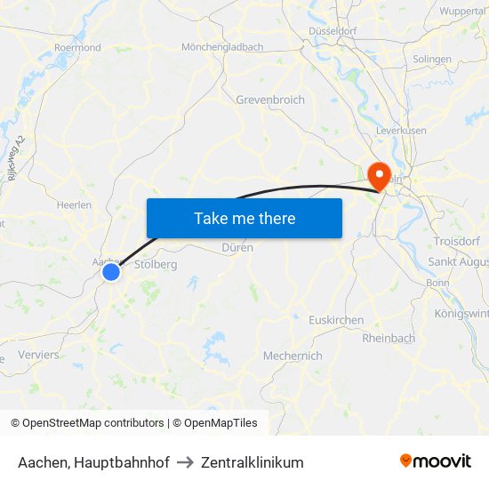 Aachen, Hauptbahnhof to Zentralklinikum map