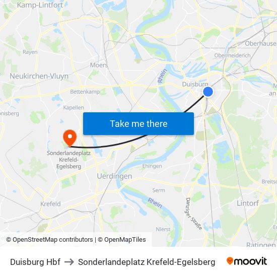 Duisburg Hbf to Sonderlandeplatz Krefeld-Egelsberg map