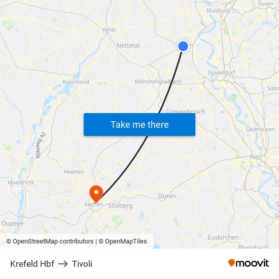 Krefeld Hbf to Tivoli map