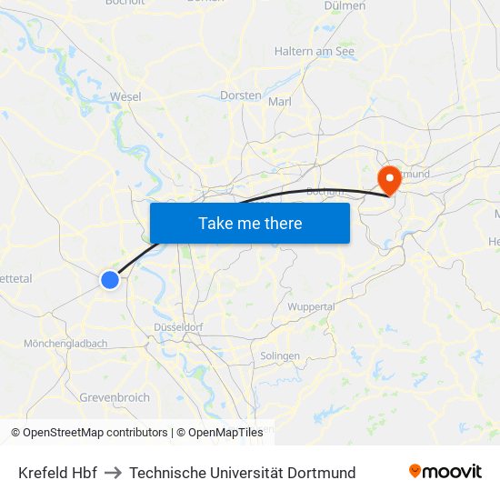 Krefeld Hbf to Technische Universität Dortmund map