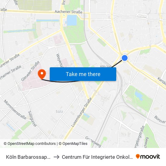 Köln Barbarossaplatz to Centrum Für Integrierte Onkologie map