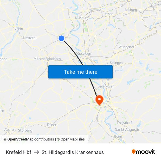 Krefeld Hbf to St. Hildegardis Krankenhaus map