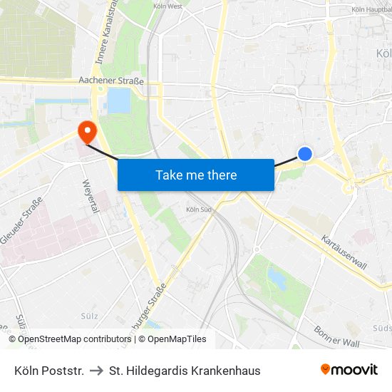 Köln Poststr. to St. Hildegardis Krankenhaus map