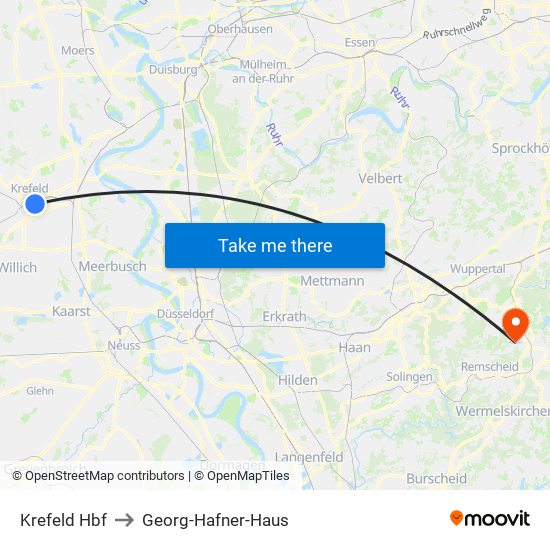 Krefeld Hbf to Georg-Hafner-Haus map