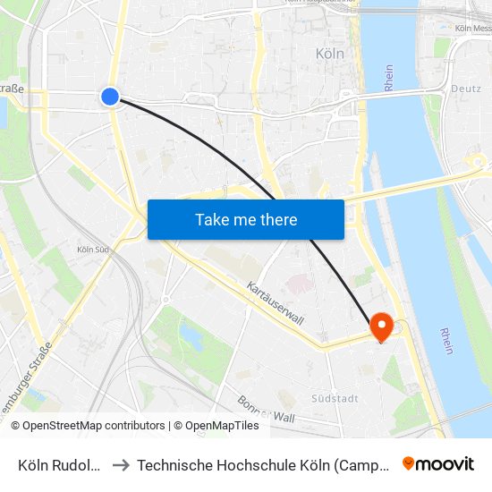 Köln Rudolfplatz to Technische Hochschule Köln (Campus Südstadt) map