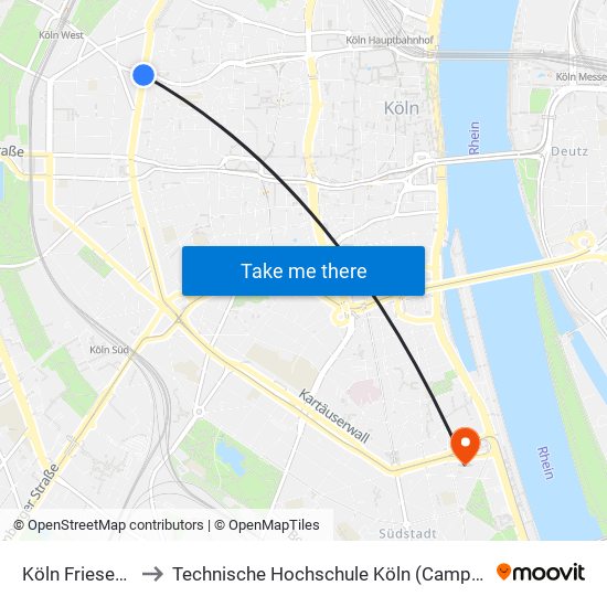 Köln Friesenplatz to Technische Hochschule Köln (Campus Südstadt) map