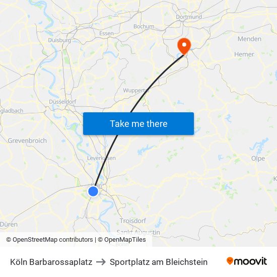 Köln Barbarossaplatz to Sportplatz am Bleichstein map