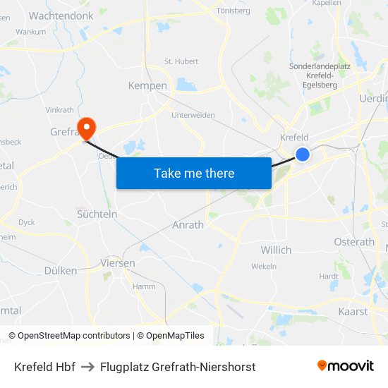 Krefeld Hbf to Flugplatz Grefrath-Niershorst map