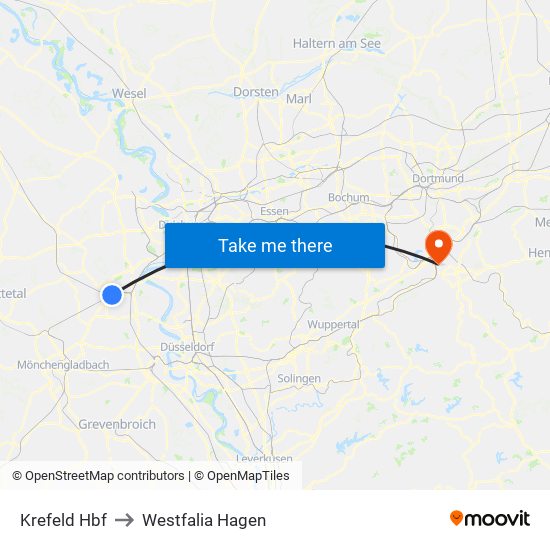 Krefeld Hbf to Westfalia Hagen map