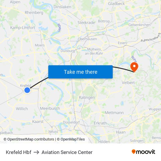 Krefeld Hbf to Aviation Service Center map