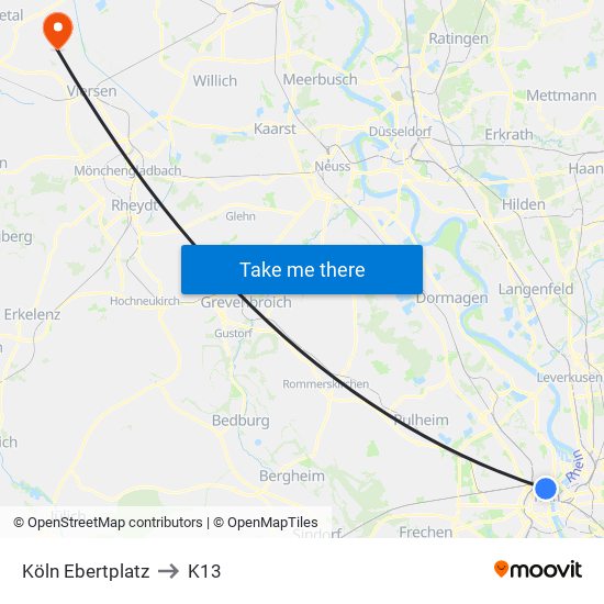 Köln Ebertplatz to K13 map