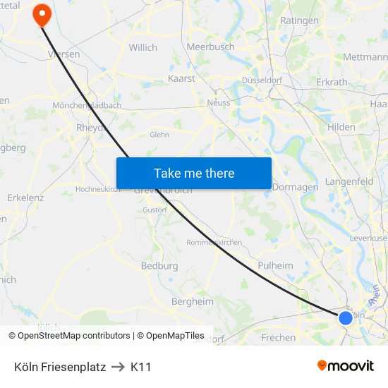 Köln Friesenplatz to K11 map