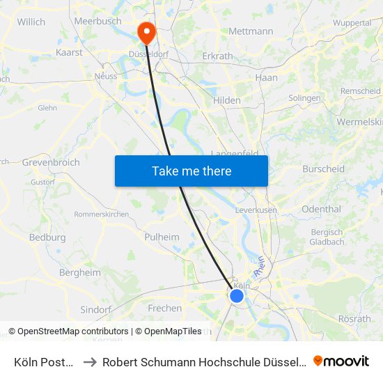 Köln Poststr. to Robert Schumann Hochschule Düsseldorf map