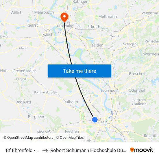 Bf Ehrenfeld - Köln to Robert Schumann Hochschule Düsseldorf map