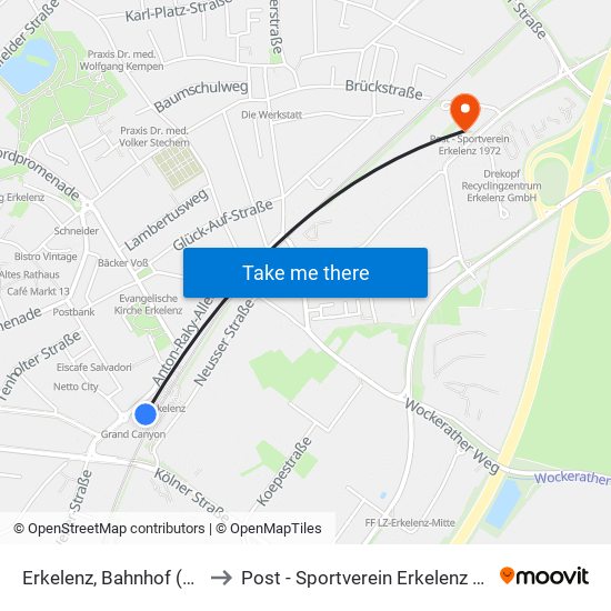 Erkelenz, Bahnhof (Bus) to Post - Sportverein Erkelenz 1972 map