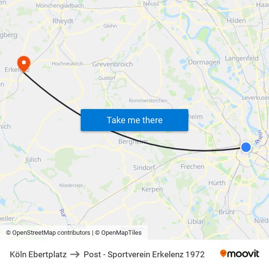 Köln Ebertplatz to Post - Sportverein Erkelenz 1972 map