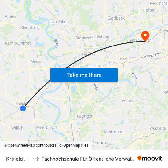 Krefeld Hbf to Fachhochschule Für Öffentliche Verwaltung map