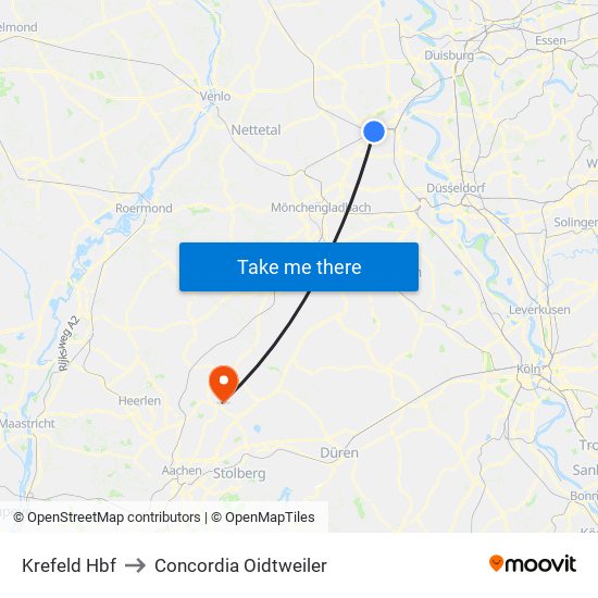 Krefeld Hbf to Concordia Oidtweiler map