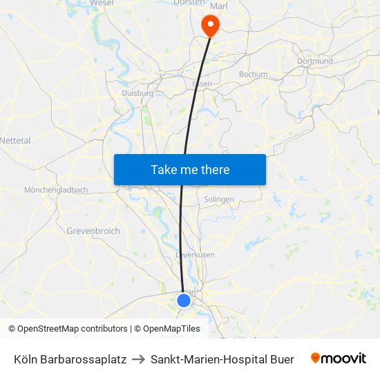 Köln Barbarossaplatz to Sankt-Marien-Hospital Buer map